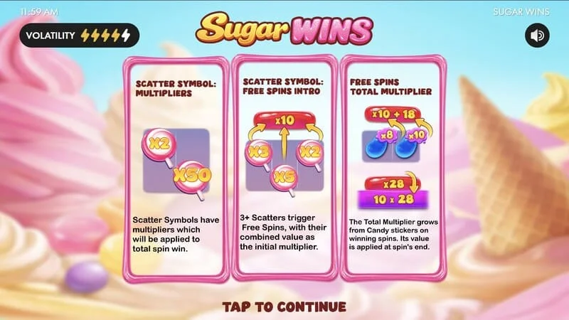 Sugar Wins - κύριο μενού του κουλοχέρη